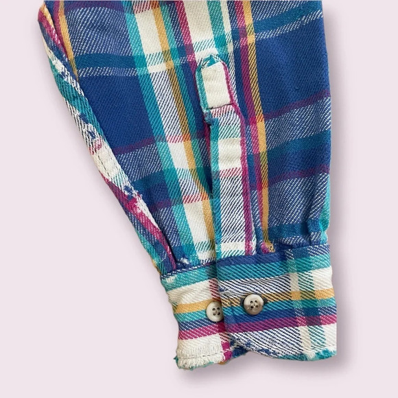 Vintage Mighty Mac Flannel Shirt XL Blue Purple Plaid Worn Distressed - Picture 3 of 7